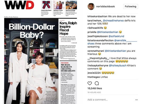 O comentário de Khloé Kardashian fazendo piada com a preferência de sua mãe por Kylie Jenner (Foto: Instagram)
