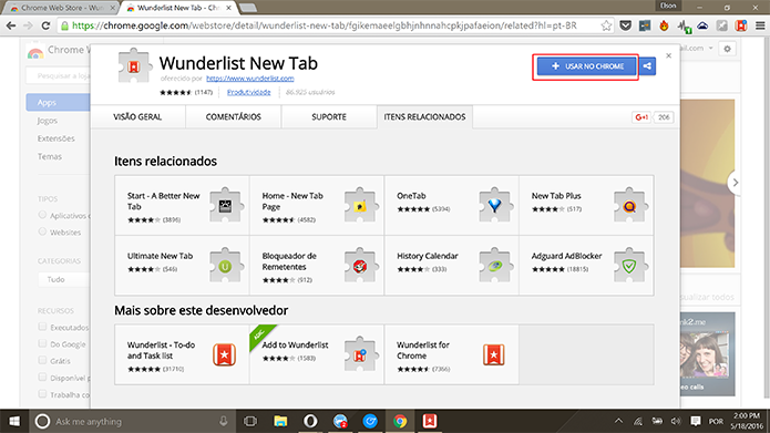 Wunderlist New Tab substitui as novas abas do Chrome por tarefas do Wunderlist (Foto: Reprodução/Elson de Souza)