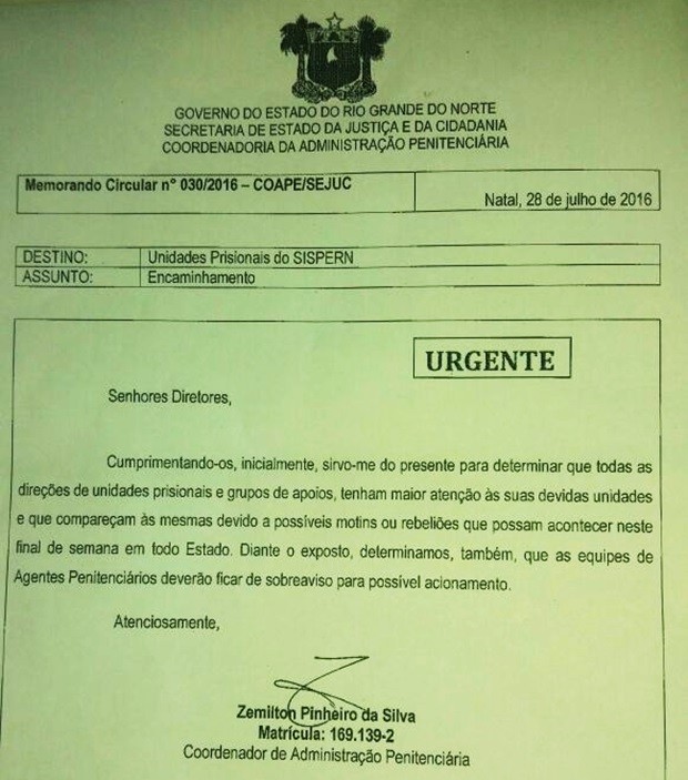 Coape chama a atenção de diretores de unidades prisionais quanto à possibilidade de motins e rebeliões neste final de semana no Rio Grande do Norte (Foto: Reprodução)