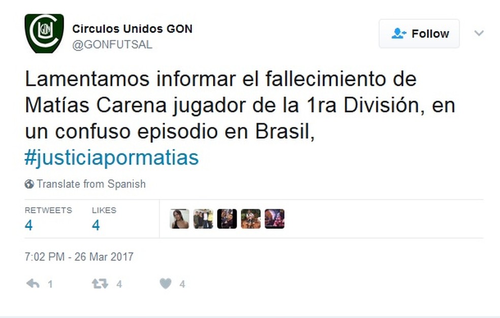 Clube de Futsal argentina lamenta morte de atleta no Rio (Foto: Reprodução/Twitter)