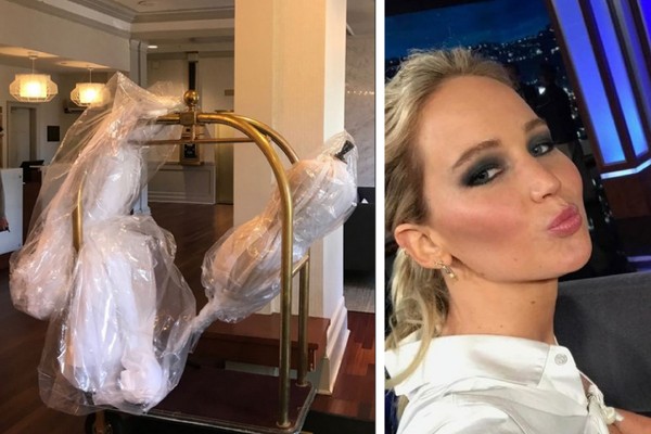 O flagrante da chegada do vestido de casamento da atriz Jennifer Lawrence ao hotel na qual a vestimenta ficou hospedada (Foto: Instagram)