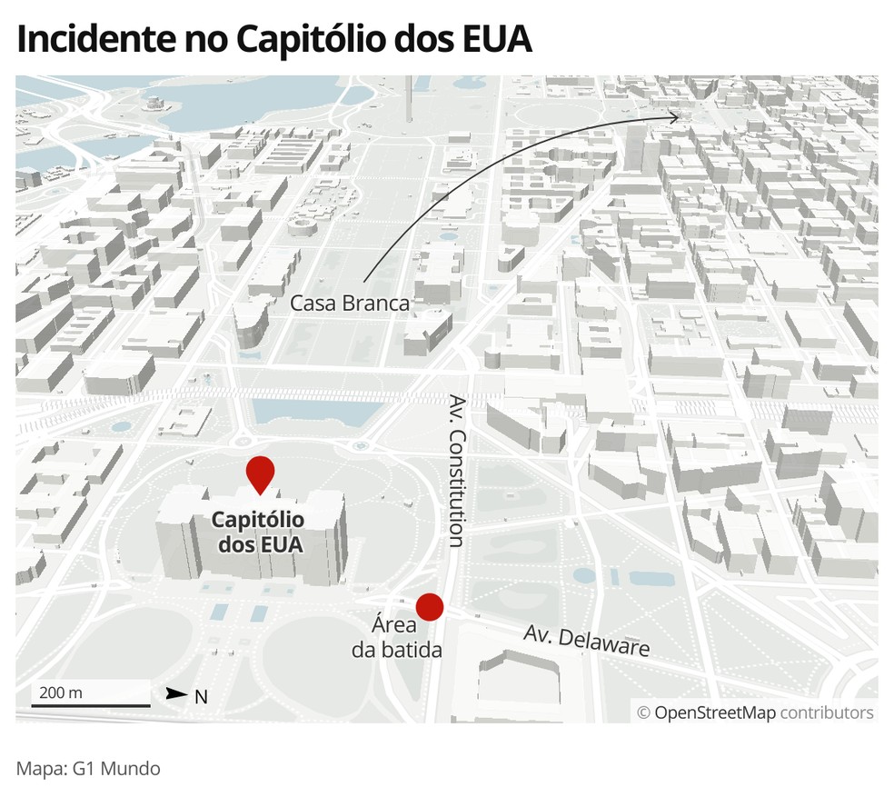 Mapa mostra local de incidente no Capitólio em 2 de abril de 2021 — Foto: G1 Mundo