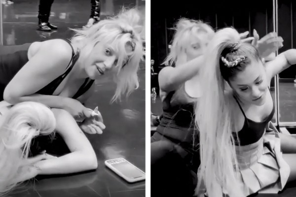 Lady Gaga e Ariana Grande lutam de brincadeirinha nos bastidores do clipe da música Rain On Me (Foto: Reprodução / Instagram)