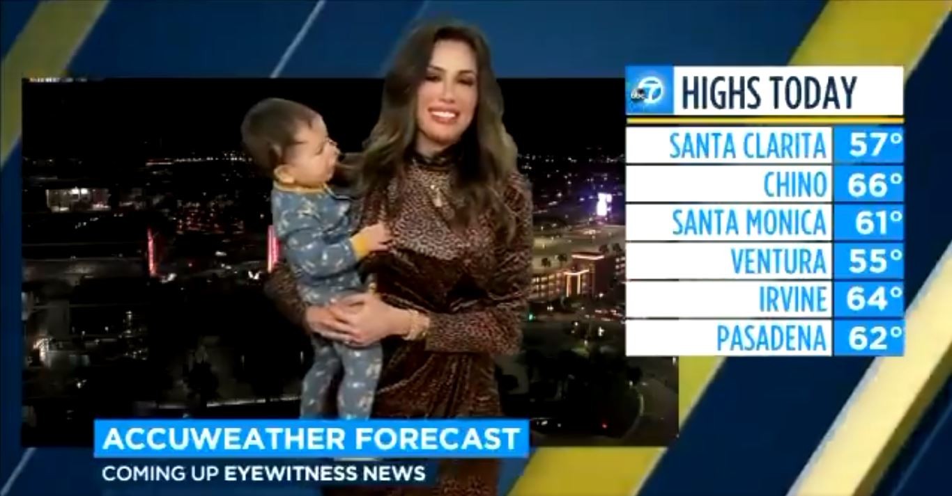 Leslie foi interrompida pela filho, enquanto apresentava ao vivo a previsão do tempo (Foto: Reprodução/Twitter)
