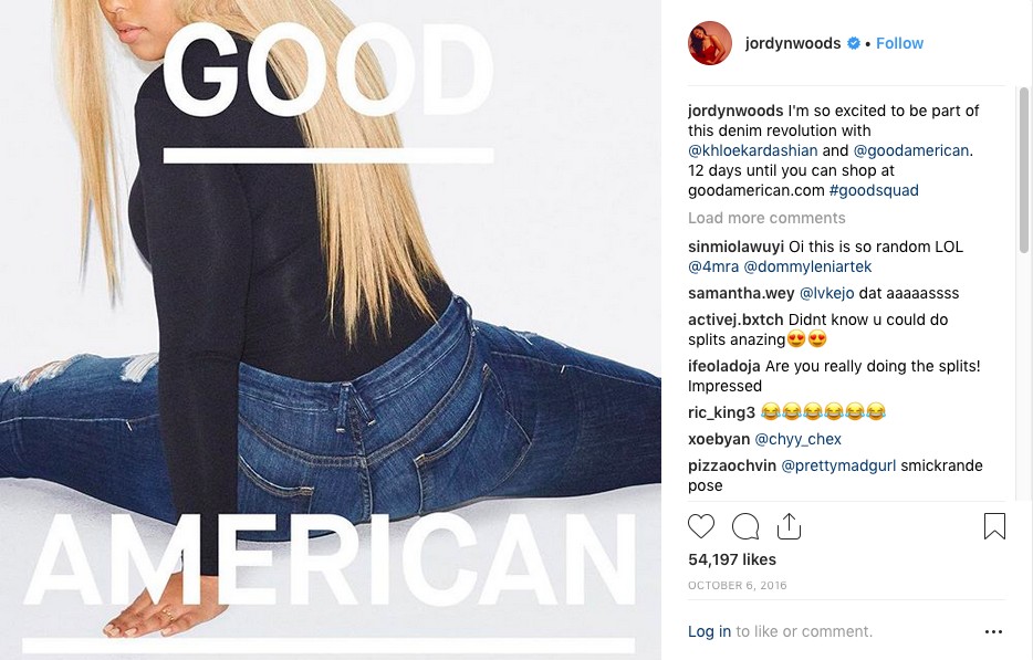 O post de Jordyn Woods com a foto dela posando para a marca de Khloé Kardashian (Foto: Instagram)