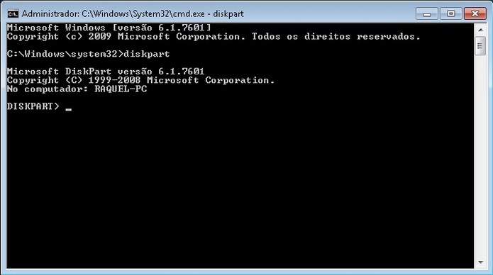 Inserção do comando diskpart no MS-DOS (Foto: Reprodução/Raquel Freire)
