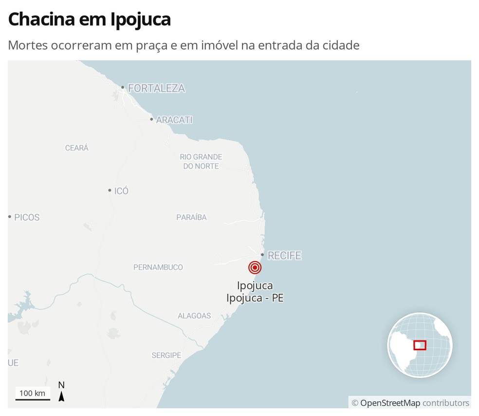 Chacina deixou cinco mortos e 12 feridos em Ipojuca, na Região Metropolitana do Recife — Foto: Arte/G1