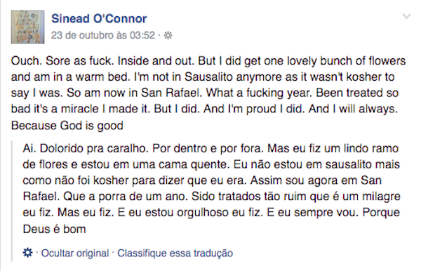Um relato de Sinead O'Connor nas redes sociais (Foto: Facebook)