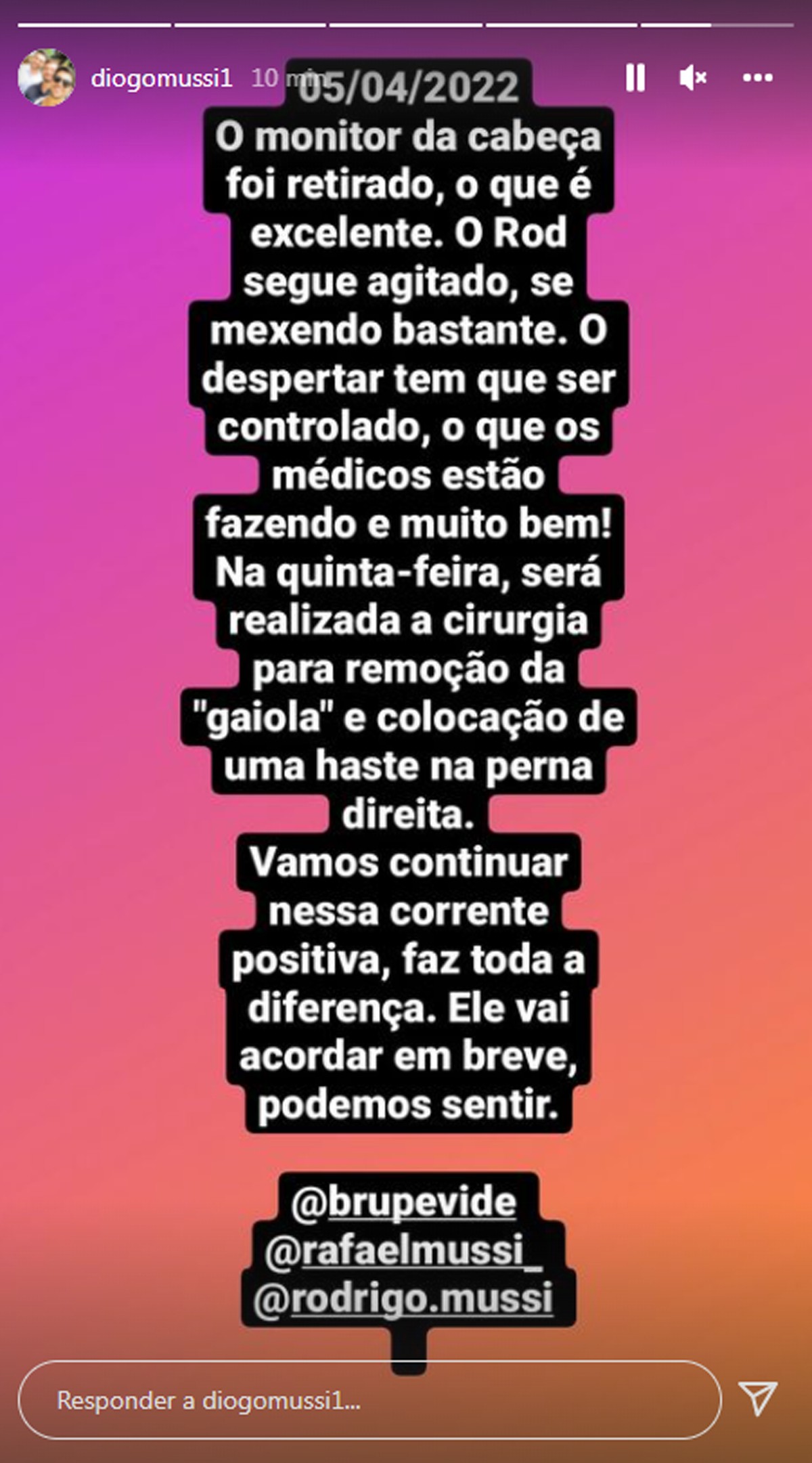 Irmão fala sobre estado de saúde de Rodrigo Mussi (Foto: Reprodução Instagram)