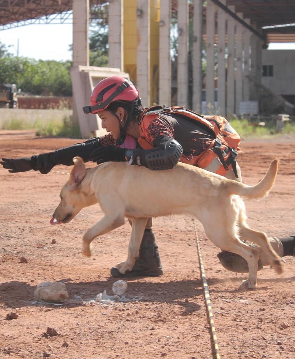 Maya e a tutora Daiane em treinamento em MT — Foto: Corpo de Bombeiros