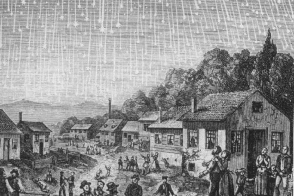 Gravura retratando a grande tempestade de meteoros de 1833 — Foto: Adolf Vollmy/Divulgação
