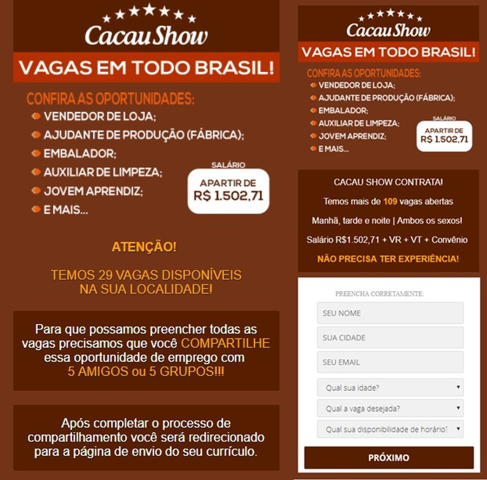 Golpe no WhatsApp oferece vagas na Cacau Show (Foto: Divulgação/PSafe)