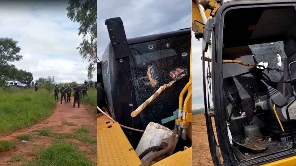 Trator ficou depredado e policiais acionadas para negociação. — Foto: Reprodução