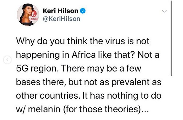 Um dos posts da cantora Keri Hilson apontando uma relação entre o coronavírus e o 5G (Foto: Twitter)
