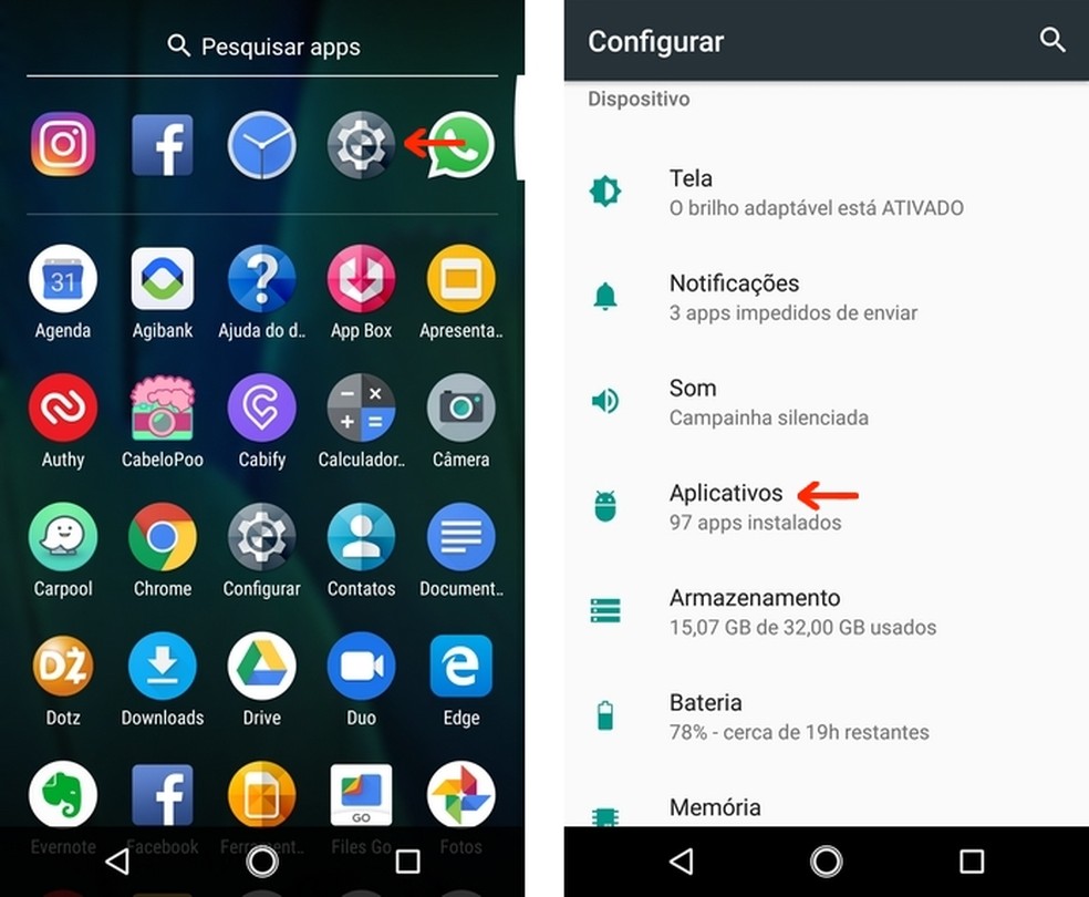 Caminho para as configurações de aplicativos no Android — Foto: Reprodução/Raquel Freire