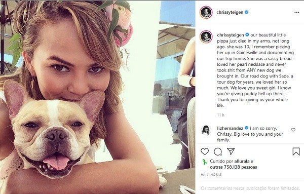 O post de Chrissy Teigen lamentando a morte da cachorrinha Pippa (Foto: Instagram)