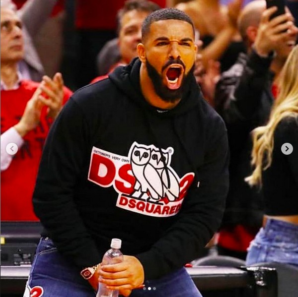 O rapper Drake torcendo durante a partida de basquete que garantiiu a ida do Toronto Raptors para sua primeira final de NBA (Foto: Instagram)