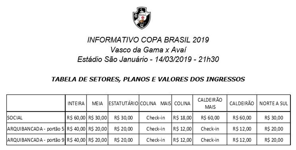 Valor dos ingressos de Vasco x Avaí — Foto: Site oficial do Vasco