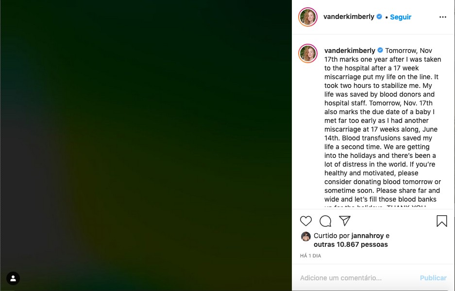 O post compartilhado por Kimberly Van Der Beek, esposa do ator James Van Der Beek (Foto: Instagram)