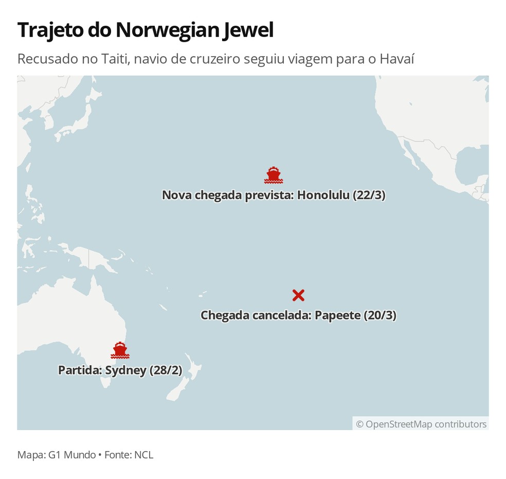 Trajeto do navio de cruzeiro Norwegian Jewel — Foto: G1 Mundo