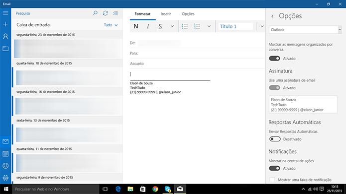 E-mail do Windows 10 pode ter assinatura adicionada pelo usuário (Foto: Reprodução/Elson de Souza)