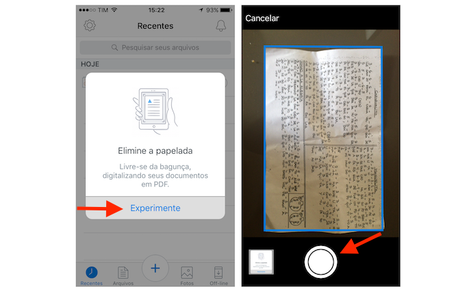 Usando a câmera do iPhone para escanear um documento com o aplicativo do Dropbox (Foto: Reprodução/Marvin Costa)