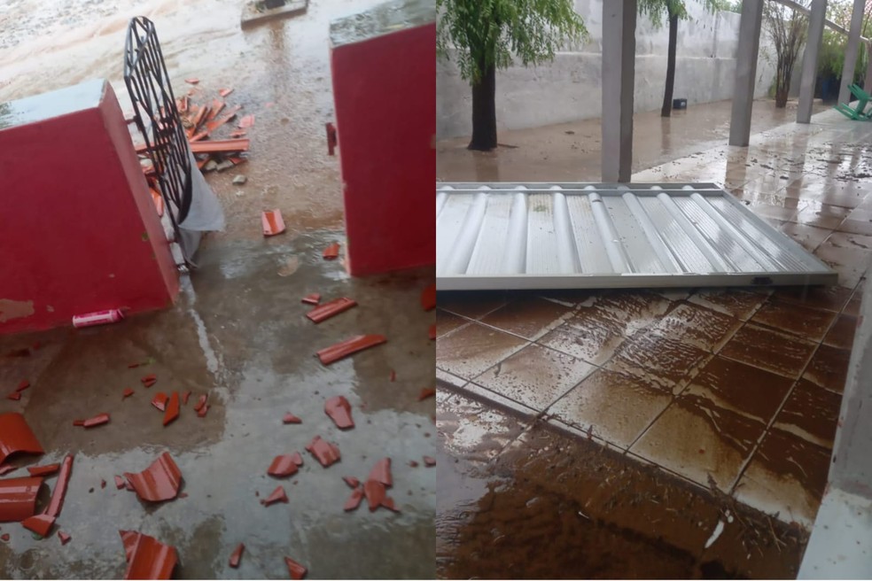 Chuva de granizo destelha casa e arranca portão de residência em Catunda, no Ceará. — Foto: Reprodução