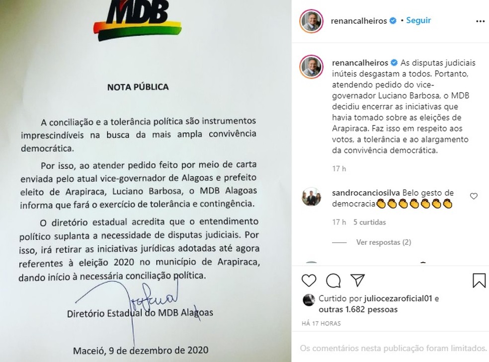 Renan Calheiros, presidente do MDB, divulga nota sobre perdão do partido a Luciano Barbosa — Foto: Reprodução/Instagram