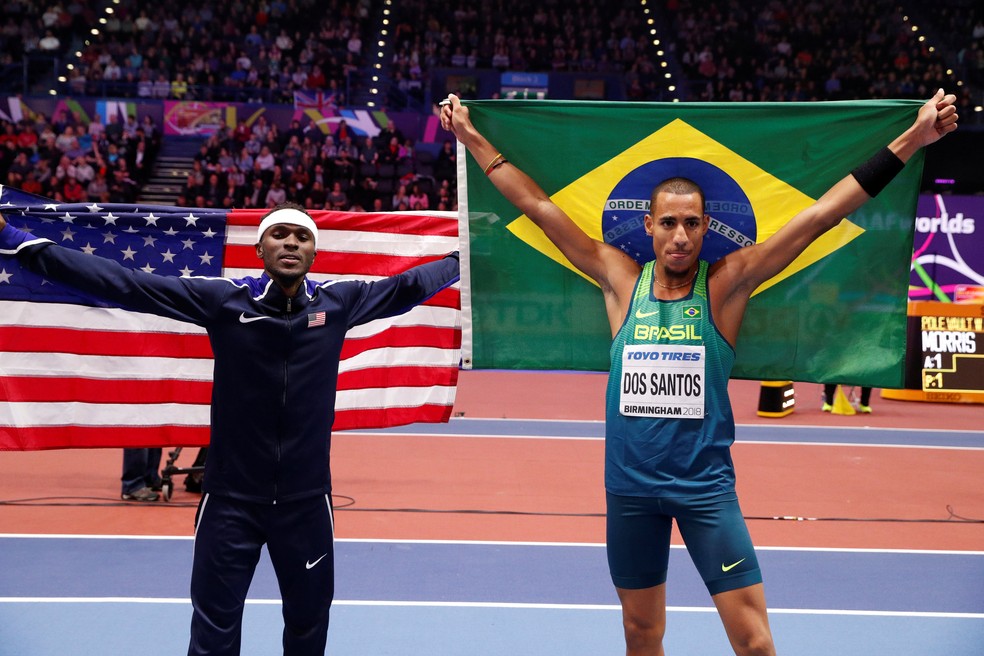 Will Claye e Almir JÃºnior comemoram medalhas no salto triplo do Mundial Indoor (Foto: John Sibley/Reuters)