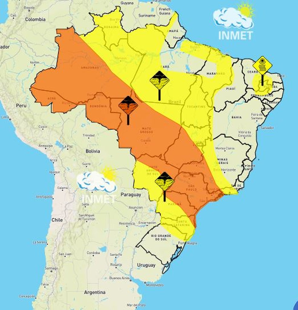 Um aviso do Instituto Nacional de Meteorologia (Inmet) alerta para fortes chuvas que podem ocorrer no Acre até o final da manhã desta sexta-feira (19) — Foto: Reprodução/Inmet 