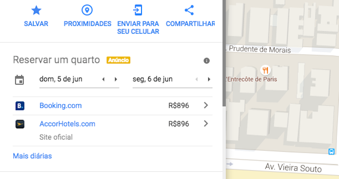 Verificando valores de hospedagem em hotéis com o Google Mapas (Foto: Reprodução/Marvin Costa)