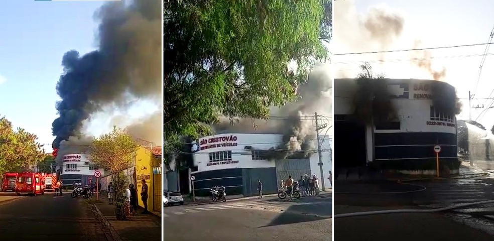 Incêndio atinge oficina de funilaria nas proximidades da Avenida Nações Norte, em Bauru — Foto: Arquivo pessoal