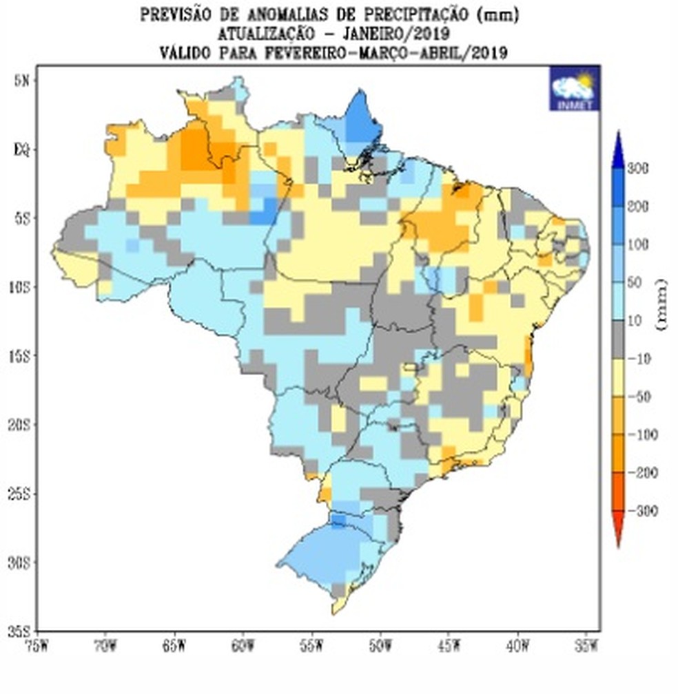 Mapa indica que a previsão de chuvas para Rondônia (coloração azul claro) está entre a média e acima da média, segundo o Inmet. — Foto: Reprodução/Inmet
