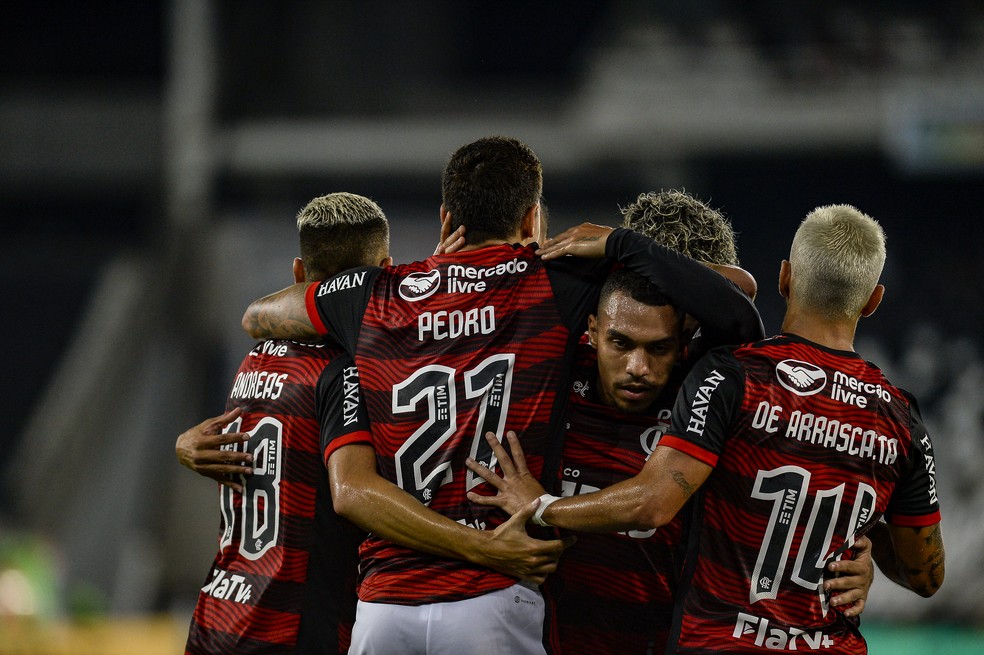 Jogadores do Flamengo comemoram gol na vitória sobre o Botafogo — Foto: Marcelo Cortes/Flamengo