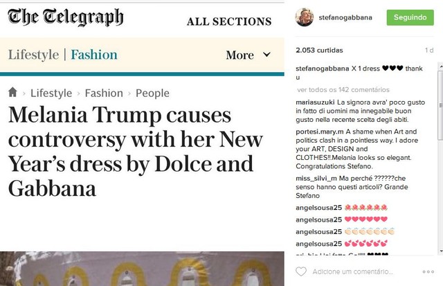 "Melania Trump causa controvérsia com vestido de Ano Novo by Dolce e Gabbana", diz outro site (Foto: Reprodução)