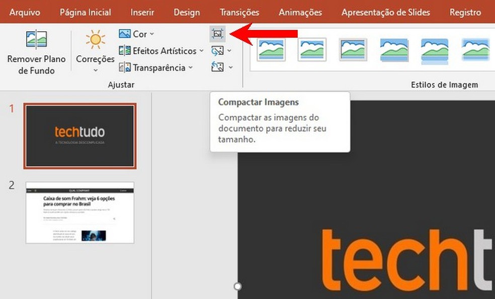 Destaque para ferramenta de compactar imagens do PowerPoint — Foto: Reprodução/Raquel Freire
