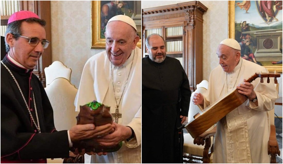 Papa Francisco recebe viola de cocho e Nossa Senhora do Pantanal durante visita de Bispos do Centro-Oeste — Foto: Divulgação