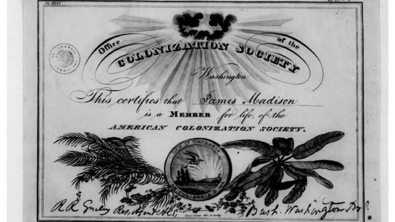 Certificado de filiação à Sociedade Americana de Colonização: organização foi criada em 1816 e era composta por homens brancos, muitos deles proprietários de escravos (Foto: Library of Congress)