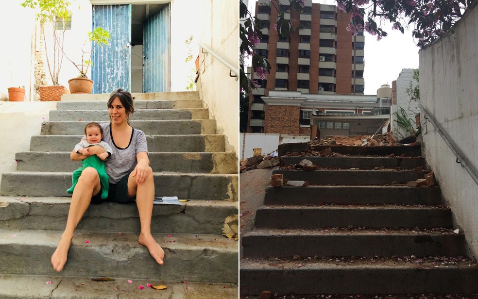 Escadaria na entrada da casa, antes e depois da destruição — Foto: Arquivo pessoal/Clemente Gauer e Paula Paiva Paulo/G1