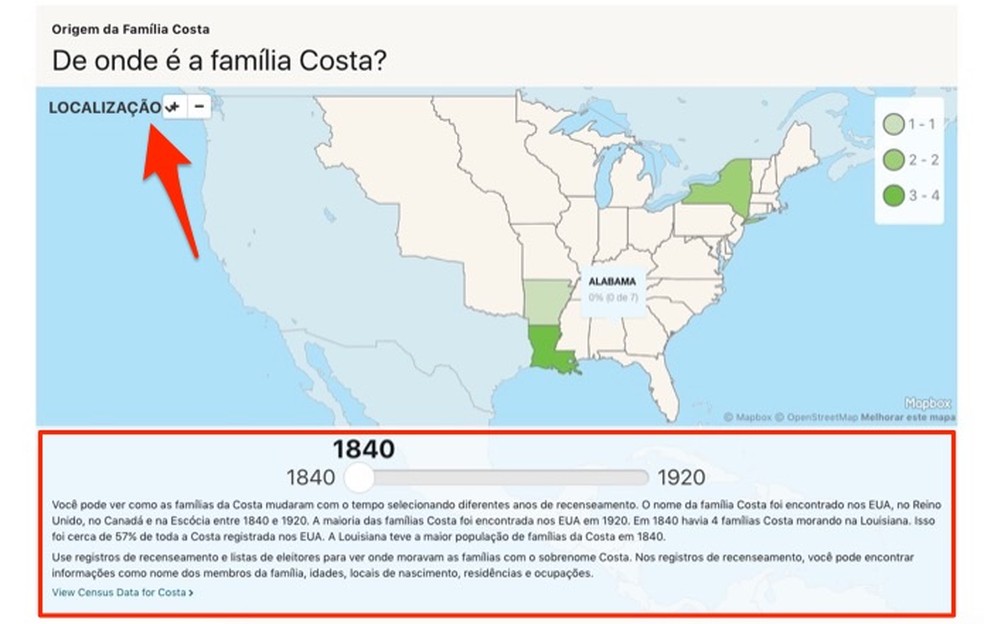 Apresentação histórica e demográfica de uma familia no serviço online Ancestry — Foto: Reprodução/Marvin Costa