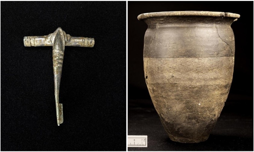 Á esquerda um broche encontrado no sítio arqueológico; à direita um vaso de cerâmica reconstruído, após destroços serem descobertos (Foto: South West Heritage Trust)