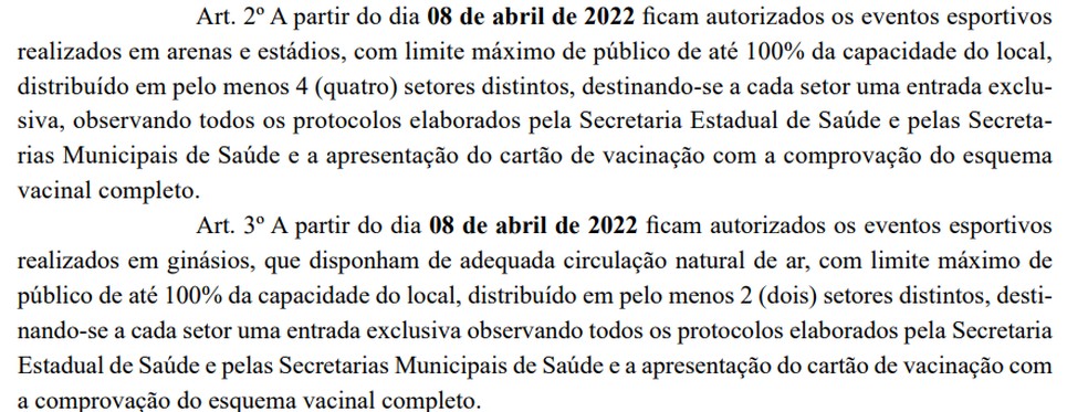 Trecho do novo decreto do Governo da Paraíba, sobre as novas condições sanitárias para eventos esportivos — Foto: Reprodução / DOE