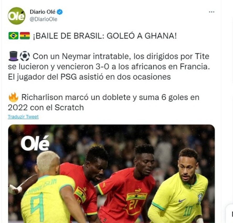 Imprensa internacional destaca Neymar, Richarlison e Vini Jr. em vitória do Brasil contra Gana