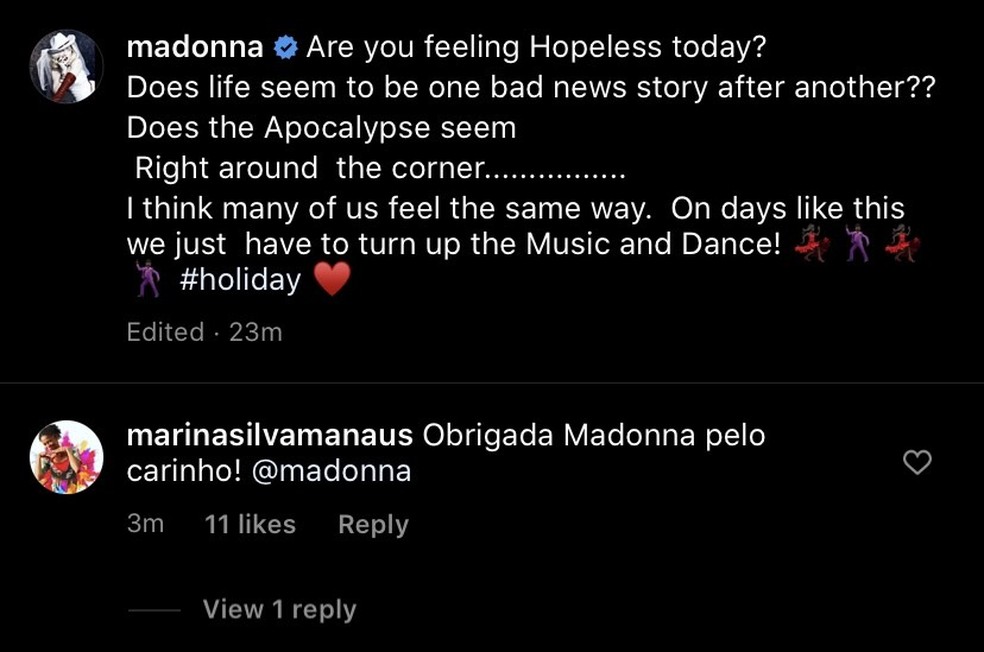 Em rede social, Marina Silva agradeceu postagem feita por Madonna. — Foto: Reprodução