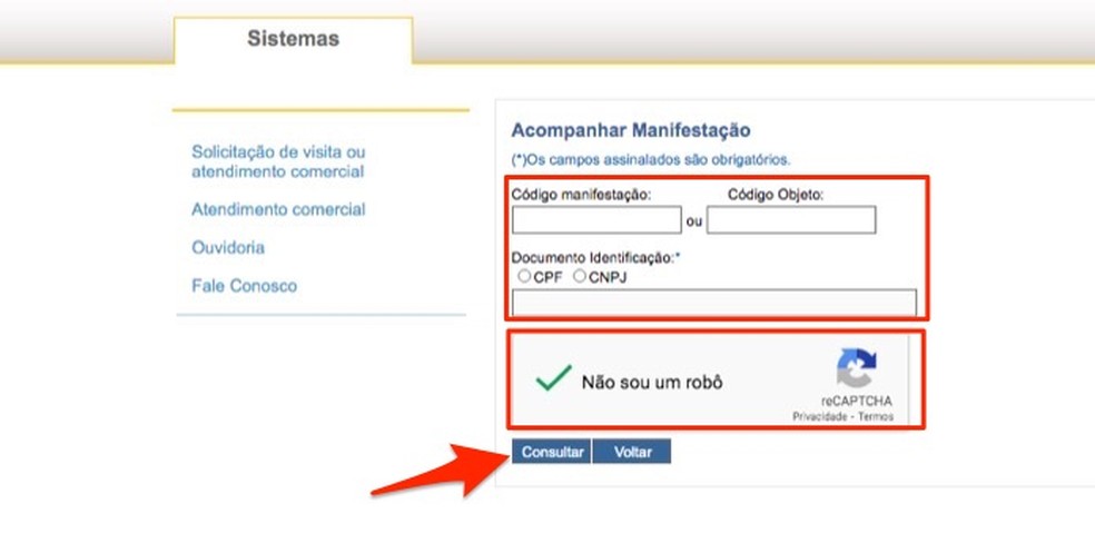 Ação mostra como visualizar o status de uma reclamação de entrega em atraso no site dos Correios — Foto: Reprodução/Marvin Costa