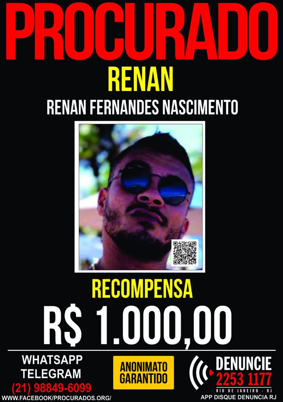 Disque Denúncia oferece recompensa por ifnormações que levem ao acusado (Foto: Divulgação)