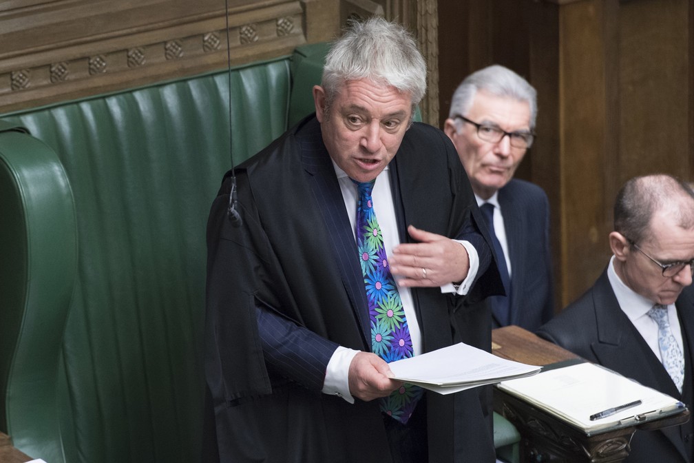 John Bercow, presidente da Câmara dos Comuns, fala durante a votação que deu a Theresa May a permanência no mandato como primeira-ministra, em janeiro — Foto: Jessica Taylor/UK Parliament/AFP/Arquivo