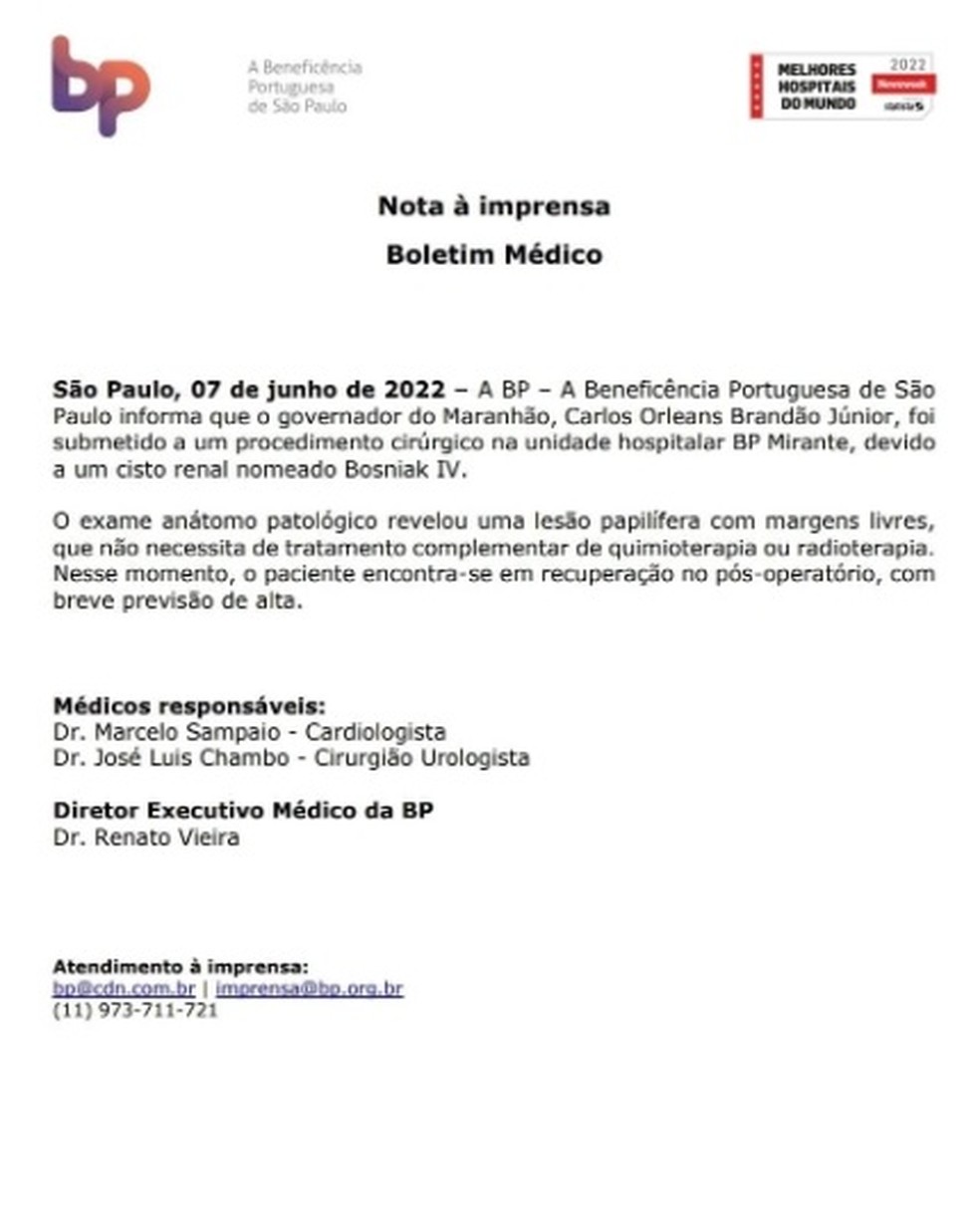 Nota do hospital sobre o estado de saúde do governador do Maranhão, Carlos Brandão (PSB). — Foto: Reprodução
