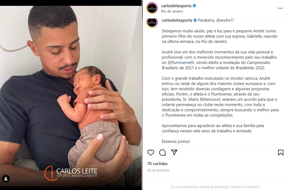 Postagem do empresário de André, volante do Fluminense — Foto: Reprodução/Instagram