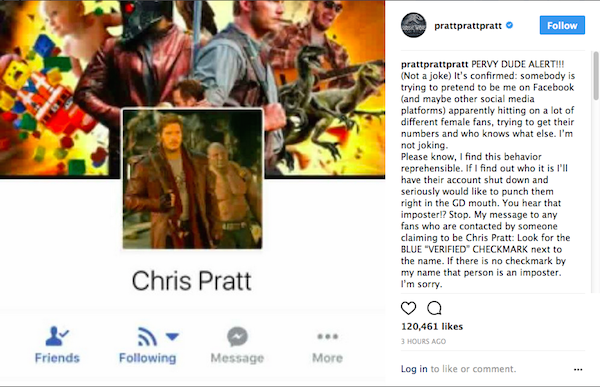 O perfil falso do ator Chris Pratt no Facebook denunciado pelo astro nas redes sociais (Foto: Instagram)